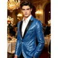 Veste de costume homme à sequins bleus brillants avec revers noir pour les soirées. - Bleu ciel