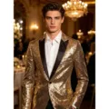 Veste de blazer à sequins dorés pour hommes manteau de fête de scène brillant - Or