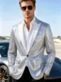 Blazer de lentejuelas plateadas para hombre, chaqueta de traje brillante elegante para fiesta. - Plateado con cuello blanco
