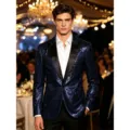 Veste de blazer à sequins brillants pour homme pour spectacle sur scène, fête et événement formel. - Bleu Marine