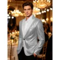 Blazer veste à sequins argentés pour homme, costume de fête brillant pour la scène. - Argent avec col blanc