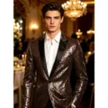 Blazer de costume à paillettes marron pour homme, veste brillante pour fête et scène. - Café