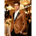 Blazer élégant à sequins dorés pour hommes avec revers noir pour fête et soirée. - Orange