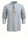 Men's casual long sleeve linen shirt with stand collar and lace up design for daily wear. - S / Top (XD-108) / Light Gray