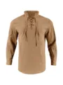 Men's casual long sleeve linen shirt with lace-up stand collar, retro spring top for daily. - Earthy Yellow