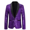 Men purple sequin blazer jacket shiny disco party stage performance outerwear single button - S / Purple