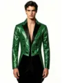 Green sequin tailcoat detail, black satin lapel, stylish party performance menswear jacket - S / Tops / Green
