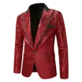 Detalle chaqueta blazer lentejuelas rojas hombre, solapa negra un botón fiesta. - Rojo
