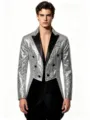 Detailed view of men's silver sequin tailcoat featuring black lapels and double breasted buttons. - S / Tops / Silver