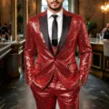 Men red sequin suit set shiny two piece disco nightclub stage performance outfit party - 3XL / Top And Bottom / Red