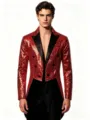 Men red sequin tailcoat blazer vintage party clubwear stage performance stylish outer wear - S / Tops / Red