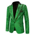 Vista detallada de la chaqueta verde de lentejuelas para hombre, brillante para fiesta. - S / Verde