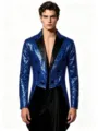 Detailed close-up view of the blue sequin tailcoat jacket with elegant black satin lapels. - S / Tops / Dark Blue