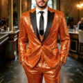 Men's shiny orange sequin tuxedo suit jacket vest pants set for party stage nightclub. - Orange