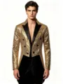 Men Gold Sequin Tailcoat Party Nightclub Performance Blazer Stylish Jacket Detail View - S / Tops / Gold
