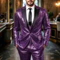 Men purple sequin suit detail view, sparkling disco party blazer and vest close up look. - 3XL / Top And Bottom / Purple