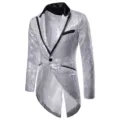 Men stylish silver sequin tailcoat jacket for stage performance party wedding prom suit coat - S / Silver