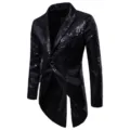 Men black sequin tailcoat jacket, evening party suit detail, stylish lapel tuxedo coat. - S / Black