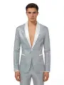 Vista detallada de la chaqueta de traje de lentejuelas plateadas para hombre con solapa chal. - Blanco