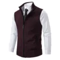 Men's Stand Collar Knitted Sweater Vest Dark Red Sleeveless Cardigan Autumn Winter - M / Burgundy