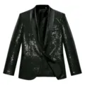 Men's Black Sequin Suit Jacket Satin Shawl Lapel Single Button Party Stage Blazer Top - Black