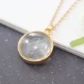 Close-up of dried dandelion seed inside a round glass pendant with a gold frame - Dandelion Round Gold Necklace