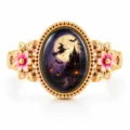Vintage gold Halloween ring with flying witch, full moon, and haunted castle centerpiece - Moon Witch Ring Style