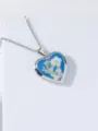 Handmade heart locket necklace with real white dried flowers on blue background. - Silver Blue Dried Flower (J)