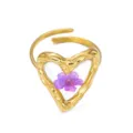 Anello a cuore vintage in acciaio dorato con fiore secco viola e gambo testurizzato - Forma a Cuore (Fiore Secco Viola) / Aperto Regolabile / Oro