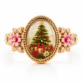 Festive gold open ring featuring a detailed Christmas tree illustration and pink flowers - 礼盒圣诞树戒指