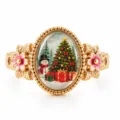 Festive golden Christmas ring with an intricate Christmas tree and snowman cabochon - 雪人圣诞树戒指