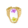 Anello regolabile in acciaio inossidabile dorato con veri fiori secchi viola e gialli. - Ovale (Fiori Secchi Viola e Giallo) / Aperto Regolabile / Oro