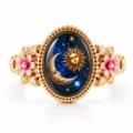 Vintage elegant celestial sun and moon ring with pink floral accents in golden finish - Sun Moon Ring Style