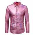 Men's metallic shiny long sleeve button-down dress shirt for party club disco fashion. - S / Tops / Pink