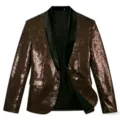 Men's brown sequin blazer jacket with black shawl lapel for party club stage performance. - Coffee