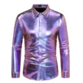 Men's shiny metallic long-sleeve shirt for party disco clubwear fashion tops purple S - S / Tops / Blue and Purple
