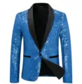 Men's stylish blue sequin blazer with black shawl lapel for party and performance wear. - Sky Blue