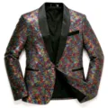 Colorful sequin men's blazer with black shawl lapel, single button, stylish party suit jacket. - Colorful