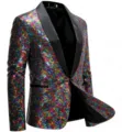 Close-up detail of colorful sequin blazer with black shawl lapel for evening party performance. - S / Colorful