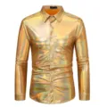 Men's Long Sleeve Metallic Shiny Disco Shirt Fashion Party Club Wear Gold Top Blouse - S / Tops / Gold