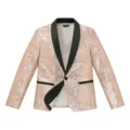 Close-up of men's sequin blazer jacket, rose gold fabric with black lapel and pocket trim. - Pink