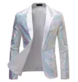 Men's holographic sequin blazer single button white shawl lapel party suit jacket - S / White