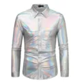 Men holographic metallic long sleeve button down shirt disco shiny party club wear top. - S / Tops / Iridescent White