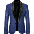 Men's blue sequin blazer detail, black shawl lapel, single button party jacket. - S / Navy Blue