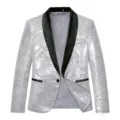 Men's silver sequin blazer jacket with black shawl lapel for party, stage, and clubwear. - S / Tops / Silver