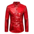 Men's long sleeve metallic shiny disco shirt button down casual club party top autumn wear - S / Tops / Red
