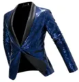 Men's blue sequin blazer with black satin shawl lapel, perfect for parties, stage shows, and events. - S / Navy Blue