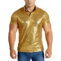 Men's shiny gold sequin polo shirt close up detail view sparkling party club top - S / Gold