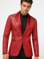 Chaqueta Blazer Roja con Lentejuelas Hombre Cuello Chal Un Botón Fiesta Club Moda - Rojo