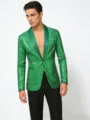 Primer plano de chaqueta americana verde brillante con lentejuelas y solapa de satén. - S / Verde